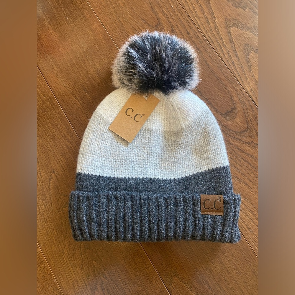 NWT C.C. Multi Color Block Stripes Pom Beanie gray